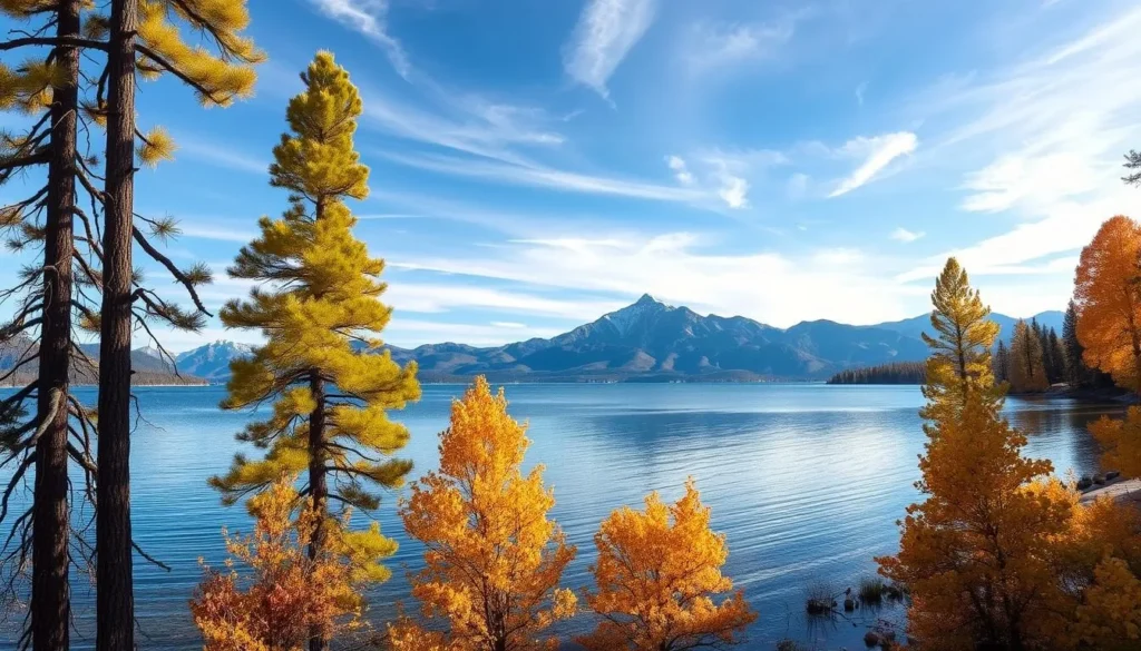 A tranquil autumn scene at Lake Tahoe, California. The calm, azure waters reflect the vibrant foliage of the surrounding Sierra Nevada mountains. Crisp, golden leaves adorn the tall pine trees lining the shore, their shadows dancing across the glassy surface. Gentle sunlight filters through wispy clouds, casting a warm, soft glow over the landscape. In the distance, rugged, snow-capped peaks rise majestically, their stark contrast adding depth and drama to the serene vista. The mild, pleasant weather invites visitors to savor the colors and beauty of this idyllic alpine setting.