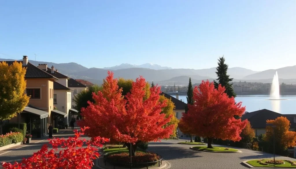 A tranquil autumn scene in the heart of Geneva, Switzerland. The foreground showcases a picturesque cobblestone street lined with vibrant red, orange, and yellow foliage, inviting you to stroll through this charming neighborhood. In the middle ground, a serene lake reflects the surrounding hills and buildings, bathed in the warm glow of the late afternoon sun. The background features the iconic Jet d'Eau fountain and the majestic Mont Blanc massif, capped with snow, creating a breathtaking panorama. The overall atmosphere is one of calm, cozy elegance, perfectly capturing the essence of a Geneva autumn.