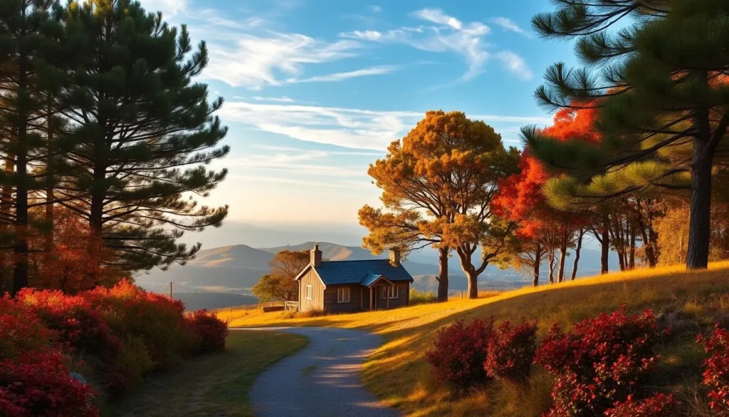 A tranquil autumn scene on Norfolk Island, with vibrant orange and red hues adorning the lush foliage. In the foreground, a winding path leads through a gently sloping landscape, flanked by towering Norfolk pines casting long shadows. In the middle ground, a quaint cottage nestled among the trees, its weathered timber and slate roof glowing in the warm afternoon light. The background opens up to a vista of rolling hills, the horizon softened by a hazy blue sky peppered with wispy clouds. The atmosphere is one of serene calm, inviting the viewer to step into this peaceful island haven and embrace the gentle embrace of the Norfolk autumn.