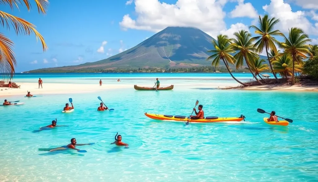 A tranquil azure ocean laps against golden sandy shores, with swaying palm trees and a clear blue sky overhead. In the foreground, locals engage in a variety of water activities - snorkeling to observe the vibrant marine life, stand-up paddleboarding across the calm waves, and kayaking through the serene lagoon. The middle ground features a traditional outrigger canoe cutting through the turquoise waters, its crew expertly navigating the tropical paradise. In the background, a stunning volcanic landscape rises, creating a picturesque backdrop for this idyllic Tokelau scene. The warm, golden lighting and soft, hazy atmosphere evoke a sense of relaxation and adventure, perfectly capturing the essence of Tokelau's water temperature and ocean activities.