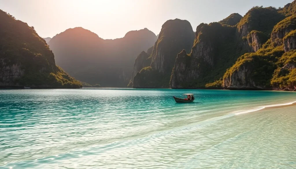 A tranquil bay nestled amidst verdant hills, the pristine Con Dao Island comes alive under a warm, golden sun. In the foreground, crystalline turquoise waters gently lap against a pristine white sand beach, while in the middle ground, a solitary fisherman's boat bobs peacefully on the calm surface. Towering limestone cliffs rise majestically in the background, their rugged formations casting dramatic shadows across the landscape. The scene exudes a sense of timeless serenity, inviting visitors to immerse themselves in the island's storied past and natural splendor. Capture the legacy of Vo Thi Sau, a revered Vietnamese heroine, within this picturesque island setting.