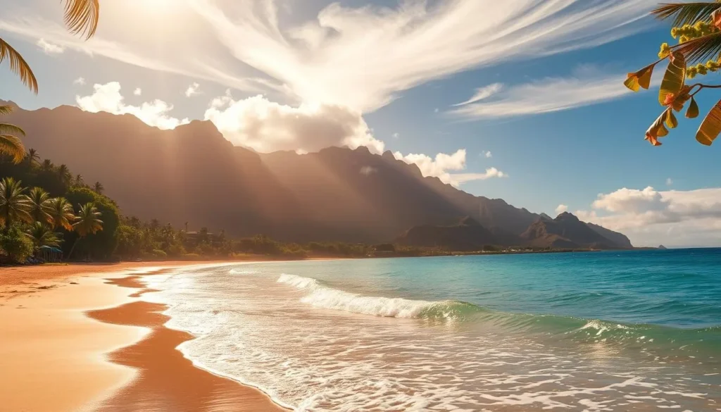 A tranquil beach on the lush, verdant island of Kauai, basking in the warm, golden glow of the sun. Gentle waves caress the pristine sand as vibrant tropical foliage frames the scene. Towering mountains rise majestically in the distance, their rugged peaks kissed by wispy clouds. The air is filled with the soothing scent of plumeria blossoms and the gentle whisper of the trade winds. This idyllic paradise captures the essence of Kauai's best weather-savvy months, inviting travelers to bask in the island's natural splendor.