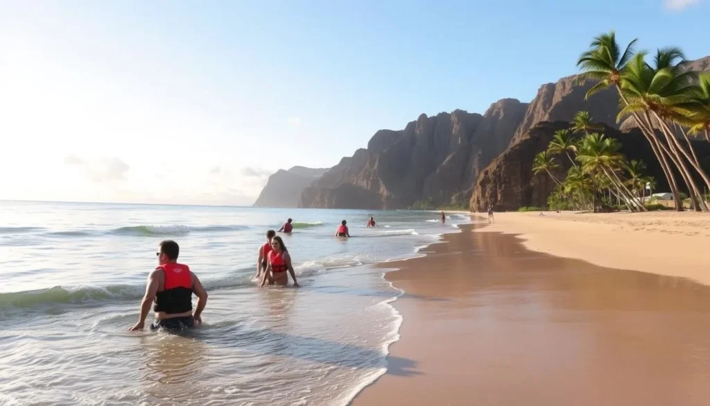 A tranquil beach scene at Polihale, Kauai, with gently lapping waves and swaying palm trees. In the foreground, a group of beachgoers enjoy the calm waters, taking precautions with life jackets and adhering to safety guidelines. The middle ground showcases the long stretch of golden sand, inviting visitors to explore. In the background, dramatic cliffs rise, creating a stunning natural backdrop. The lighting is soft and warm, capturing the serene Hawaiian atmosphere. The composition emphasizes the importance of water safety, encouraging responsible enjoyment of this picturesque coastal paradise.