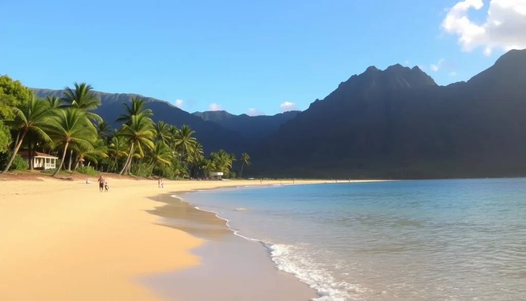 A tranquil beach scene on Lopa Beach, Lanai, Hawaii. The sun's rays illuminate the golden sand, inviting beachgoers to stroll along the shoreline. In the foreground, a smooth, gently lapping turquoise ocean stretches out, while in the middle ground, lush palm trees sway in the warm breeze. Towering mountains rise in the background, their slopes cloaked in verdant foliage. The atmosphere is serene and inviting, beckoning visitors to explore the accessible beach and take in the natural beauty of this Hawaiian paradise.
