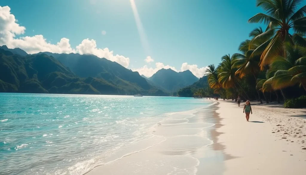 A tranquil beach scene on the idyllic island of Moorea, French Polynesia. Turquoise waters gently lap against a pristine white sand shore, fringed by swaying palm trees. Sunlight dances across the surface, creating a shimmering, almost ethereal quality. In the distance, lush green hills rise up, their slopes covered in verdant foliage. A few beachgoers stroll along the sand, taking in the picturesque landscape. Warm, gentle breezes caress the scene, evoking a sense of relaxation and serenity. The overall mood is one of tranquility and natural beauty, perfectly capturing the essence of Moorea's stunning beaches.