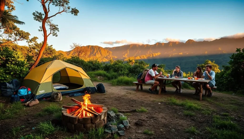 A tranquil campsite nestled amidst the lush greenery of Pālāʻau State Park, Molokai, Hawaii. A warm, golden sun casts a soft glow over a well-equipped tent, surrounded by neatly arranged camping gear. In the foreground, a crackling campfire pit invites hikers to gather and share stories. The middle ground features a picnic table, where a group of friends enjoy a hearty meal together, their laughter echoing through the serene landscape. In the distance, verdant mountains rise, their peaks kissed by wispy clouds. The scene conveys a sense of tranquility, adventure, and the joys of communing with nature.