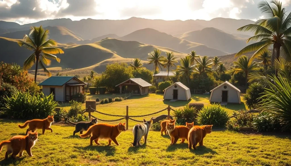 A tranquil cat sanctuary nestled amidst lush, verdant landscapes on the island of Lanai, Hawaii. In the foreground, a group of playful felines bask in the warm, golden sunlight, their fur glistening as they frolic and explore their peaceful haven. The middle ground showcases the sanctuary's charming structures, blending seamlessly with the natural surroundings, inviting visitors to step in and immerse themselves in the calming atmosphere. In the background, rolling hills and swaying palm trees create a serene, picturesque backdrop, accentuating the sanctuary's serene and idyllic setting. The scene exudes a sense of tranquility and harmony, inspiring a desire to support and preserve this haven for the beloved island cats.