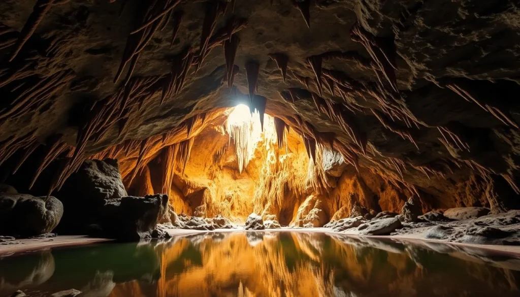 A tranquil cave interior in Ba Bể National Park, Vietnam, illuminated by natural light filtering through the entrance. Stalactites and stalagmites create a serene, awe-inspiring atmosphere. The warm, golden tones of the stone walls and the reflective pool of water on the ground evoke a sense of wonder. The scene is captured with a wide-angle lens to emphasize the vast, cavernous space. The image conveys the explorer's experience of discovering this hidden, enchanting natural wonder deep within the lush, verdant landscape of the national park.