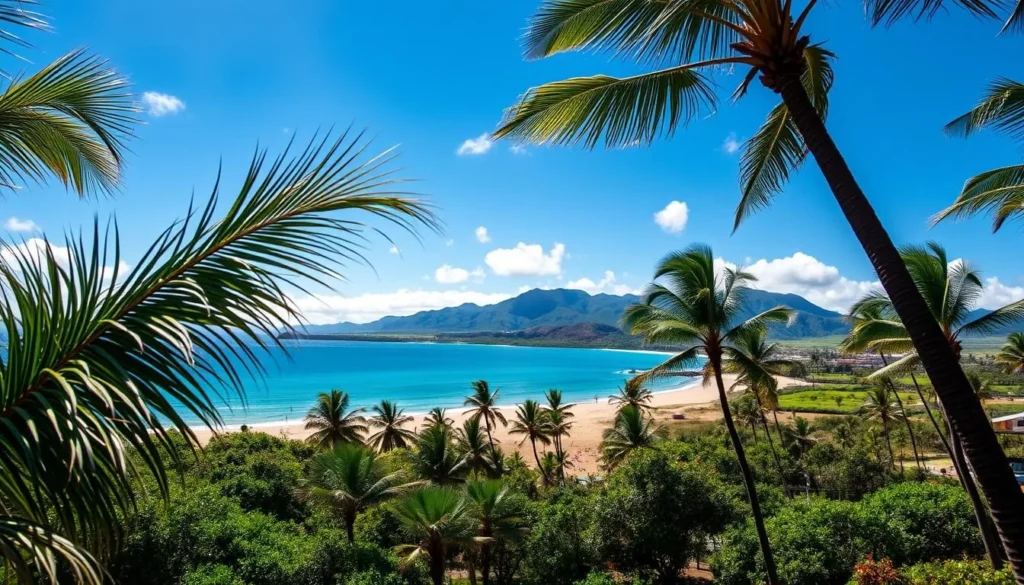 A tranquil coastal landscape of Maui, Hawaii, showcasing the island's lush verdant foliage, pristine beaches, and clear turquoise waters under a bright, sun-dappled sky. In the foreground, swaying palm trees frame the scene, leading the eye towards the middle ground where sunbathers relax on the golden sand. In the distance, rolling green hills and majestic volcanic peaks rise majestically, creating a picturesque backdrop. The overall atmosphere is one of serene relaxation, inviting the viewer to imagine the ideal weather-savvy vacation on this tropical paradise.
