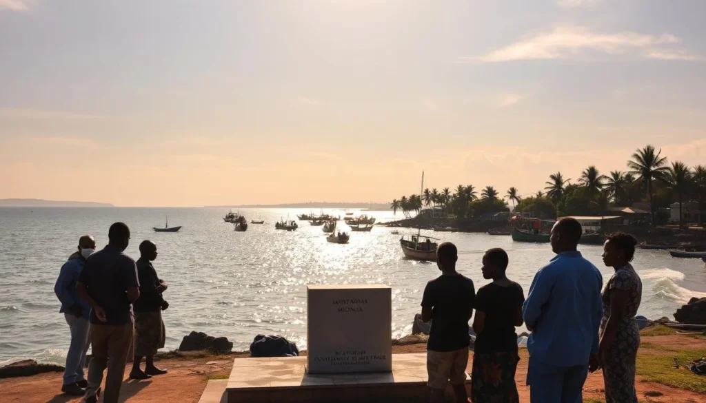 A tranquil coastal scene along the shores of Cotonou, Benin, where the legacy of the transatlantic slave trade is memorialized. In the foreground, a group of locals gather around a simple monument, their expressions somber as they reflect on the past. The middle ground reveals the bustling harbor, with colorful fishing boats bobbing on the gentle waves. In the distance, the horizon is dotted with lush palm trees, casting long shadows over the serene landscape. The warm, golden sunlight filters through wispy clouds, creating a serene and contemplative atmosphere. Capture the historical significance and natural beauty of this Beninese coastal town on a picturesque day.