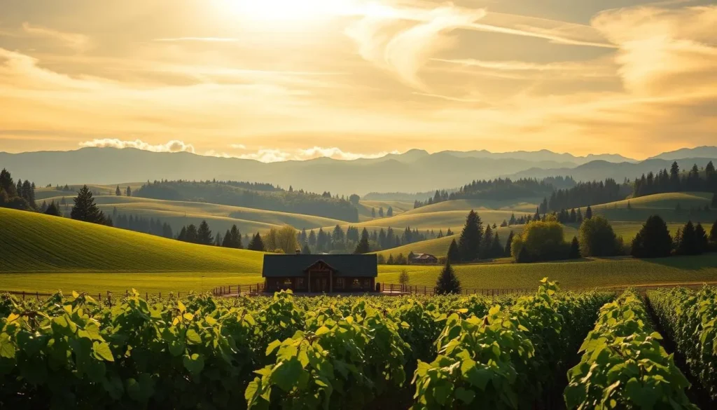 A tranquil countryside landscape in the Willamette Valley, Oregon. Gently rolling hills covered in lush, verdant vineyards dotted with picturesque wineries and tasting rooms. Sunlight filters through wispy clouds, casting a warm, golden glow over the serene scene. In the foreground, rows of carefully tended grape vines stretch out, their leaves rustling in the gentle breeze. The middle ground features a charming, rustic winery nestled among the vines, its weathered wooden facade complementing the natural surroundings. In the distance, the majestic silhouettes of the Cascade Mountains rise up, providing a dramatic backdrop to this idyllic wine country landscape.