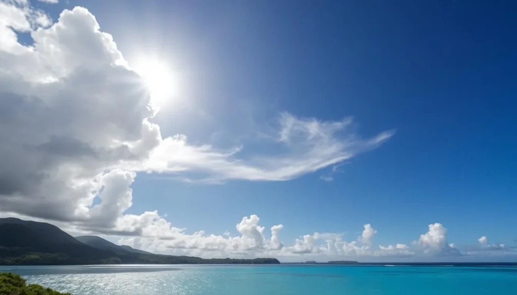 A tranquil day in Palau, with billowing clouds drifting across the bright blue sky. The sun's warm rays filter through the wispy formations, casting a soft glow over the lush, verdant landscape below. In the distance, the crystal-clear waters of the Pacific Ocean glimmer, hinting at the island's renowned natural beauty. The scene conveys a sense of serenity and balance, perfectly capturing the essence of Palau's weather patterns. Captured with a wide-angle lens, the image showcases the interplay of light and shadow, creating a breathtaking and atmospheric representation of the region's climate.