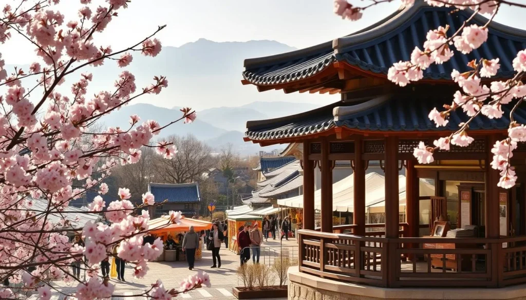 A tranquil day in the vibrant city of Goyang, South Korea. In the foreground, a picturesque traditional Korean pavilion stands amidst blooming cherry blossoms, their delicate pink petals dancing in the gentle breeze. The middle ground showcases a lively street market, with vendors offering an array of local delicacies and handicrafts. In the background, the silhouettes of rolling hills and distant mountains create a serene and picturesque landscape. Warm sunlight filters through the scene, casting a soft, golden glow and creating a welcoming, inviting atmosphere. This image captures the essence of Goyang's seasonal events and festivals, showcasing the vibrant culture and natural beauty of this captivating Korean city.