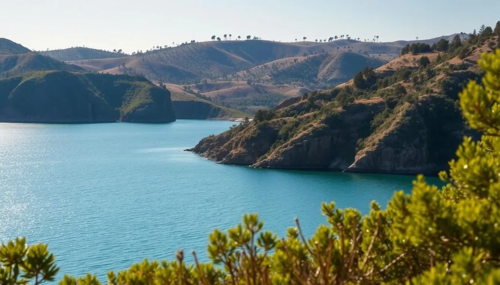 A tranquil expanse of azure waters, the San Vicente Reservoir nestled amidst rugged hills and lush greenery. Captured in soft, warm lighting, the scene exudes a serene, inviting atmosphere. In the foreground, the glimmering surface reflects the surrounding landscape, while in the middle ground, towering cliffs and verdant foliage frame the serene body of water. In the background, rolling hills dotted with trees create a picturesque backdrop, suggesting the reservoir's idyllic setting within the San Diego County landscape. The composition emphasizes the reservoir's natural beauty, inviting the viewer to explore this premier destination for outdoor recreation and relaxation.