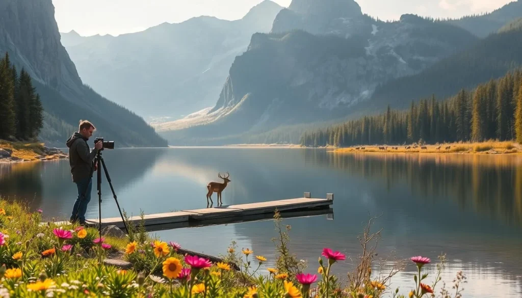 A tranquil granite lake nestled amidst towering mountains, the calm waters reflecting the rugged peaks and lush forests surrounding it. A photographer stands on the shore, tripod-mounted camera ready to capture the natural beauty of this serene wilderness. Soft, diffused sunlight filters through the trees, casting a warm glow over the scene. In the foreground, vibrant wildflowers dot the shoreline, adding a pop of color to the muted tones of the granite and evergreens. The middle ground features a small boat dock, inviting exploration of the lake's hidden coves and inlets. In the distance, a herd of deer emerges from the tree line, their graceful movements adding a touch of wildlife to the picturesque landscape.