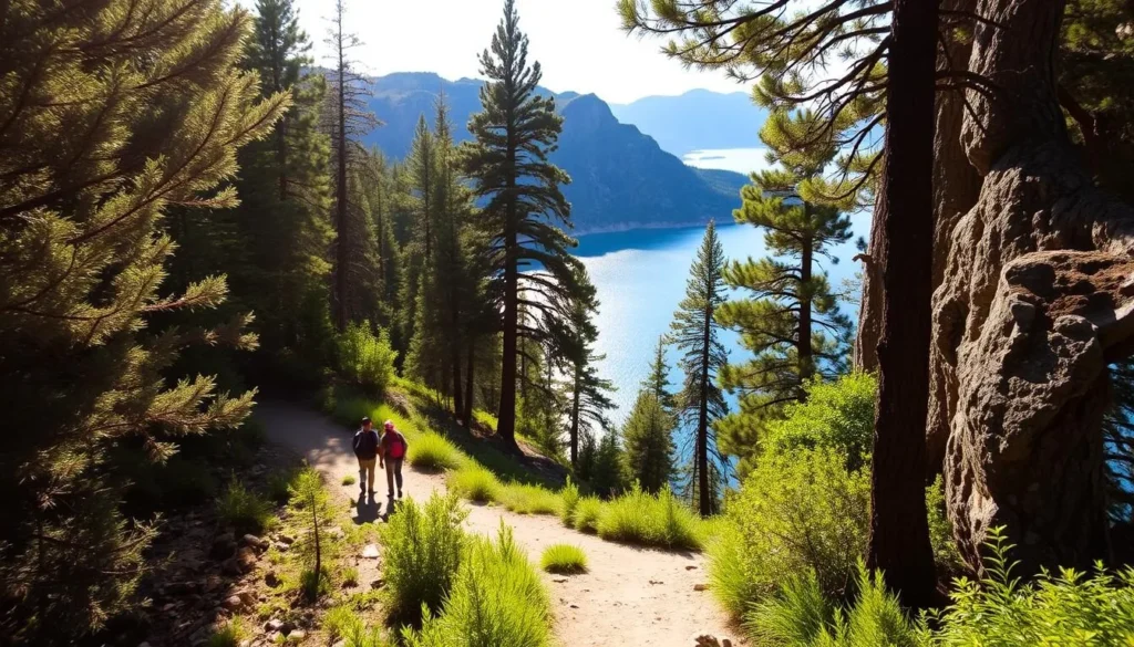 A tranquil hiking trail winds through the lush forests and granite cliffs surrounding New Melones Lake in California. Sunlight filters through the canopy, casting a warm, golden glow across the path. In the distance, the shimmering azure waters of the lake come into view, framed by towering pine trees and rugged rock formations. Hikers traverse the well-maintained trail, taking in the breathtaking scenery and enjoying the peaceful solitude of the natural setting. The scene conveys a sense of serene adventure, inviting exploration of the lake's stunning natural beauty.
