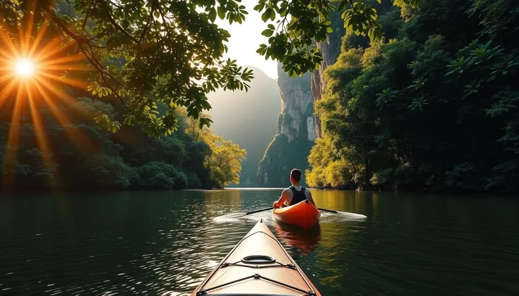 A tranquil kayak glides across the serene waters of Ba Be Lake, surrounded by the lush, verdant foliage of the Ba Bể National Park. The sun's warm rays filter through the dense canopy, casting a gentle glow on the scene. In the distance, the majestic limestone cliffs rise up, creating a stunning backdrop for this outdoor adventure. The kayaker navigates the calm waters with grace, taking in the breathtaking natural beauty that surrounds them. The overall atmosphere is one of peaceful exploration, inviting the viewer to immerse themselves in the serene and captivating landscape.
