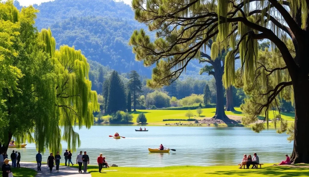 A tranquil lake nestled amidst lush green hills, Lake Temescal shimmers in the warm California sunshine. In the foreground, people leisurely stroll along the paved path, enjoying the peaceful atmosphere. Tall, verdant trees line the shores, casting gentle shadows over the crystal-clear waters. In the middle ground, families picnic on the grassy banks, while a few brave souls paddle canoes across the serene surface. Towering oak and eucalyptus trees form a picturesque backdrop, their branches swaying gently in the soft breeze. The scene exudes a sense of natural beauty and tranquility, inviting visitors to unwind and savor the hidden gem that is Lake Temescal.