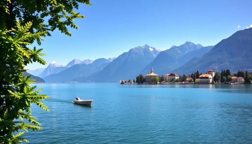 A tranquil lake nestled amidst the majestic Swiss Alps, Lake Maggiore stretches out before a picturesque town, its crystal-clear waters reflecting the warm sunshine and lush green foliage lining the shore. In the foreground, a small boat gently bobs on the calm surface, while in the middle ground, quaint buildings with terracotta roofs and colorful facades line the waterfront. The background is dominated by the towering, snow-capped peaks of the surrounding mountains, creating a serene and breathtaking landscape perfect for a day trip from the lake's peaceful shores.