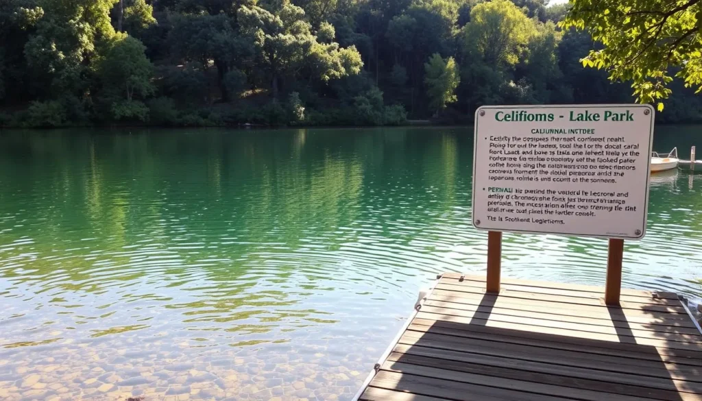 A tranquil lake shore with clear, glistening waters reflecting the surrounding lush green foliage. In the foreground, a wooden dock extends into the lake, inviting visitors to enjoy the serene setting. Signage displays the regulations for the park, outlining permitted activities and conservation measures to preserve the natural beauty. Warm, diffused sunlight filters through the trees, creating a welcoming and peaceful atmosphere. The image conveys a sense of balance between recreational use and environmental stewardship at this picturesque California lake.