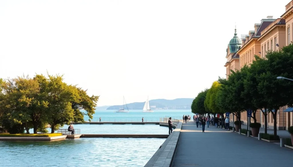 A tranquil lakeside promenade in Neuchâtel, Switzerland, on a sunny afternoon. Stroll along the wide, tree-lined path as it hugs the shore of the serene, turquoise lake. Elegant Belle Époque-style buildings line the walkway, their warm-hued facades and ornate details reflected in the calm waters. A few people leisurely wander, admiring the picturesque scenery. Sailboats dot the horizon, their masts swaying gently. Capture the inviting, relaxed atmosphere of this idyllic Swiss lakeside setting, bathed in soft, golden light.