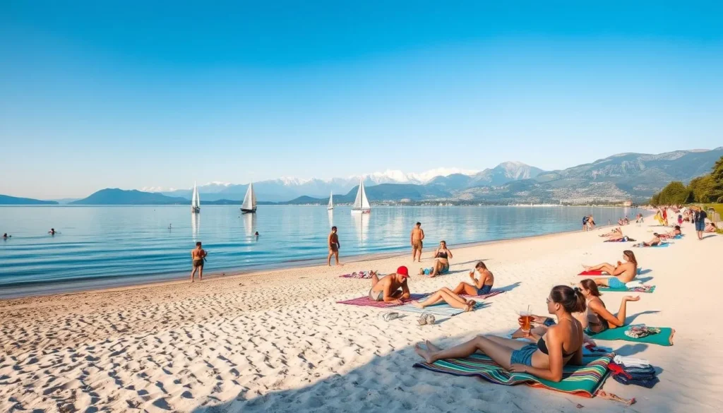 A tranquil lakeside scene along the shores of Neuchâtel, Switzerland. Pristine sandy beaches stretch out under a clear blue sky, dotted with sunbathers and swimmers enjoying the warm summer day. In the distance, the majestic Alps rise up, their snow-capped peaks reflecting in the calm waters of Lake Neuchâtel. Sailboats glide across the surface, their white sails billowing in a gentle breeze. Beachgoers lounge on colorful towels, sipping refreshing drinks and taking in the picturesque landscape. Warm, natural lighting bathes the scene, creating a serene and inviting atmosphere perfect for a leisurely day of relaxation.