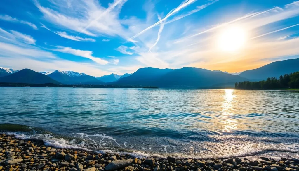 A tranquil lakeside scene at Lake Constance, the three-country wonder. In the foreground, gently lapping waves caress the pebbled shore, with lush green foliage lining the banks. In the middle ground, majestic mountains rise up, their snow-capped peaks reflecting in the calm waters. The sky is a brilliant azure, dotted with wispy clouds, and the warm sun casts a golden glow over the entire landscape. The atmosphere is serene and inviting, beckoning the viewer to explore this picturesque natural wonder shared by Switzerland, Germany, and Austria.