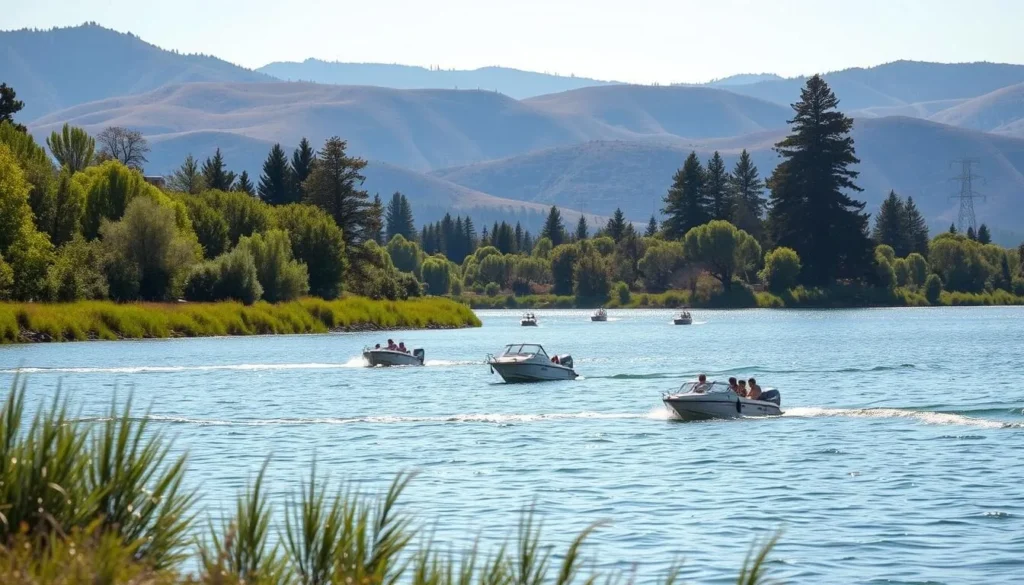 A tranquil lakeside scene at Lake Hennessey, California, on a bright sunny day. In the foreground, a group of people enjoying a peaceful day of boating, with their small vessels gliding across the calm, glistening waters. The middle ground features lush, verdant shoreline vegetation, with towering trees lining the banks. In the background, rolling hills and mountains create a picturesque, natural backdrop. The lighting is soft and warm, creating a serene, inviting atmosphere. The camera angle is slightly elevated, providing a panoramic view of the lake and its surroundings. The mood is one of relaxation and enjoyment, perfectly capturing the essence of the lake's boating regulations.