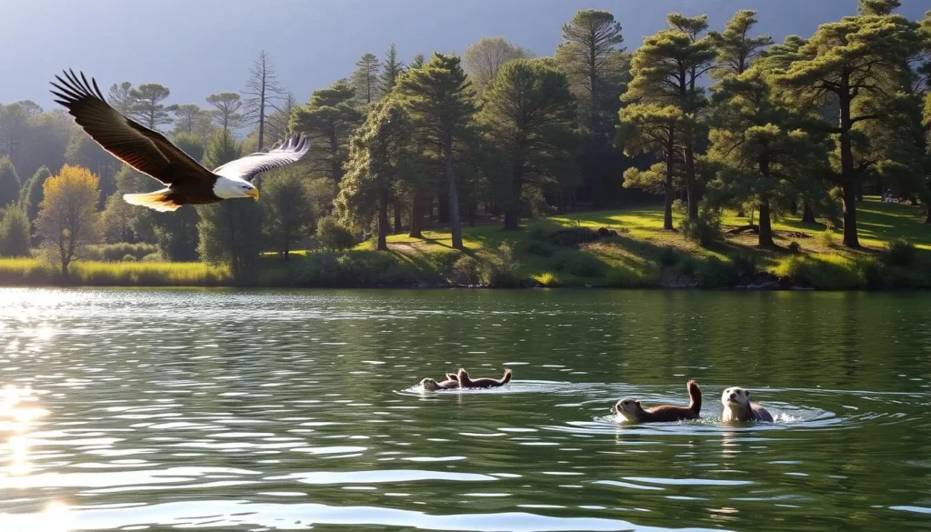 A tranquil lakeside scene at Lake Nacimiento, California, where wildlife abounds. In the foreground, a pair of majestic bald eagles soar effortlessly over the glistening waters, their keen eyes scanning for prey. In the middle ground, a family of river otters playfully dives and twists, leaving gentle ripples in their wake. The background showcases the lush, verdant shoreline, dotted with towering pines and oaks that cast soft, dappled shadows across the scene. The warm, golden sunlight filters through the trees, creating a serene and peaceful atmosphere, inviting visitors to immerse themselves in the natural beauty of this picturesque location.