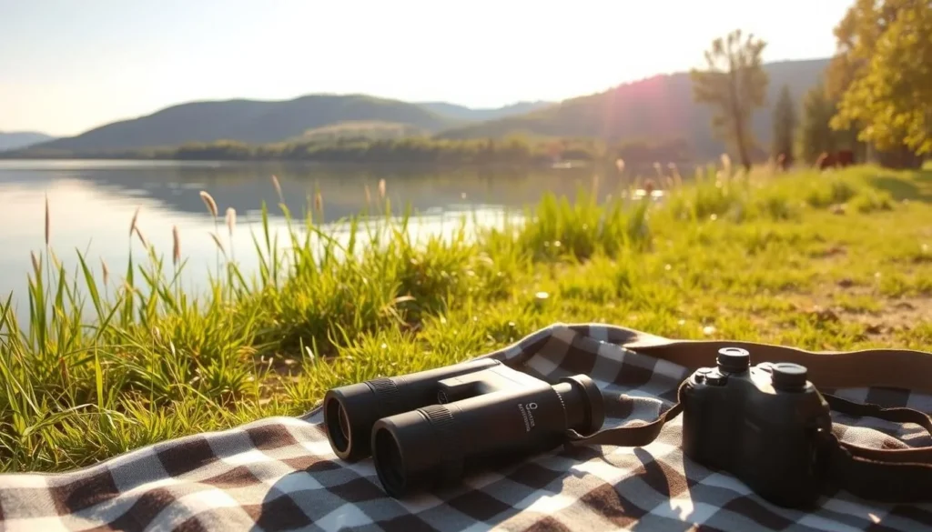A tranquil lakeside scene at Lake Sakakawea, North Dakota, during a pleasant summer day. In the foreground, a pair of binoculars and a camera lie on a picnic blanket, suggesting the presence of wildlife watchers and nature photographers. The middle ground features a lush, verdant shoreline with tall grasses and reeds swaying gently in the breeze. In the background, the calm, mirror-like waters of the lake reflect the surrounding hills and trees, creating a serene and picturesque landscape. The warm, golden sunlight filters through the scene, casting a soft, natural glow and enhancing the overall mood of the image.