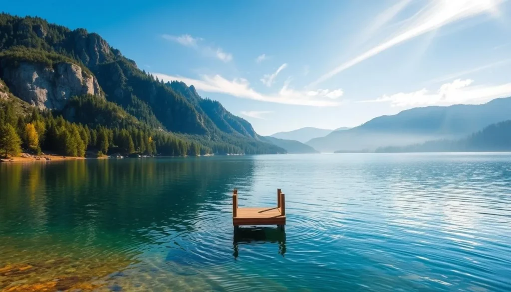 A tranquil lakeside scene at New Melones Lake, California. The calm, turquoise waters reflect the surrounding granite cliffs and lush, verdant forests. Sunlight filters through the canopy, casting a warm glow over the landscape. In the foreground, a small, wooden dock juts out into the lake, inviting visitors to dip their toes in the refreshing waters. Wispy clouds drift overhead, completing the serene, picturesque setting. Capture the essence of this hidden gem - a peaceful oasis amidst the rugged beauty of the Sierra Nevada foothills.