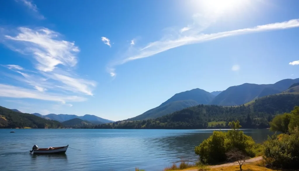 A tranquil lakeside scene of Lake Berryessa, nestled amidst the rolling hills of California's Napa Valley. Sunlight dances on the serene waters, casting a warm glow over the lush, verdant shoreline. In the foreground, a small boat rests peacefully, while in the distance, towering peaks frame the picturesque landscape. Wispy clouds drift across a clear, azure sky, creating a sense of serenity and natural beauty. The composition captures the essence of this stunning natural attraction, inviting the viewer to explore its peaceful, unspoiled charm.