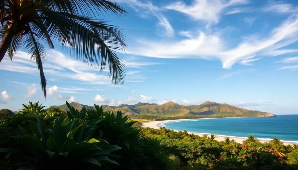 A tranquil landscape under a clear blue sky, with wispy clouds drifting lazily overhead. In the foreground, lush tropical foliage sways gently in a warm breeze, casting dappled shadows on the ground. A pristine sandy beach stretches out towards the calm, turquoise waters of the Pacific Ocean, where gentle waves caress the shore. In the distance, a range of verdant, rolling hills rise up, their slopes dotted with vibrant, flowering plants. The scene is bathed in soft, golden light, creating a serene and inviting atmosphere that captures the essence of the Northern Mariana Islands' idyllic climate.