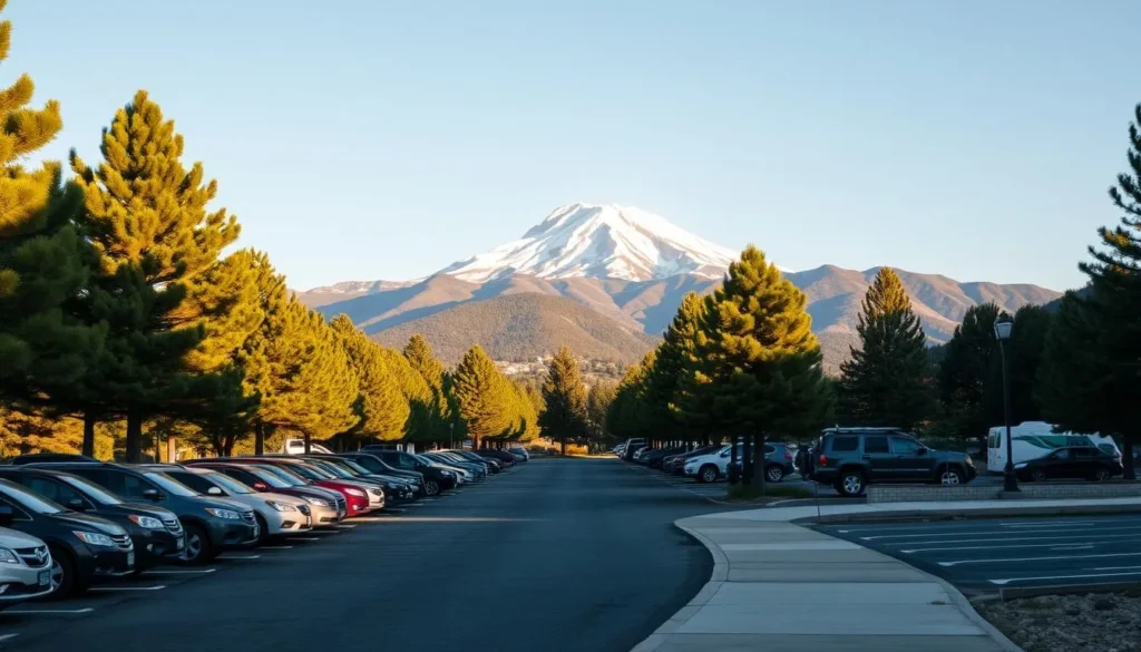 A tranquil mountain parking lot nestled at the base of Mount Baldy, California. The scene is bathed in warm, golden sunlight, casting long shadows across the asphalt. Rows of well-maintained vehicles sit neatly, with the towering, snow-capped peak of the iconic mountain looming in the distance. The parking area is bordered by lush, verdant pine trees, their branches swaying gently in a light breeze. A paved walkway leads towards a trailhead, inviting hikers to embark on their journey to the alpine lakes above. The atmosphere is serene and inviting, perfectly capturing the essence of this outdoor recreation destination.