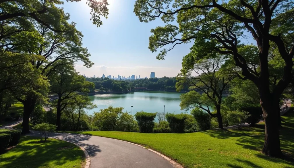 A tranquil oasis in the heart of Seongnam, Bundang Central Park unfolds as a verdant tapestry of lush greenery. Capture the serene atmosphere with a mid-shot perspective showcasing the serene lake surrounded by a lush canopy of trees. Sunlight dapples the surface, casting shimmering reflections. In the foreground, a winding path invites visitors to stroll amidst the natural splendor, while the background reveals the distant cityscape, creating a harmonious blend of urban and natural elements. Evoke a sense of peaceful respite, where the bustling city fades away, leaving only the tranquil beauty of this picturesque park.