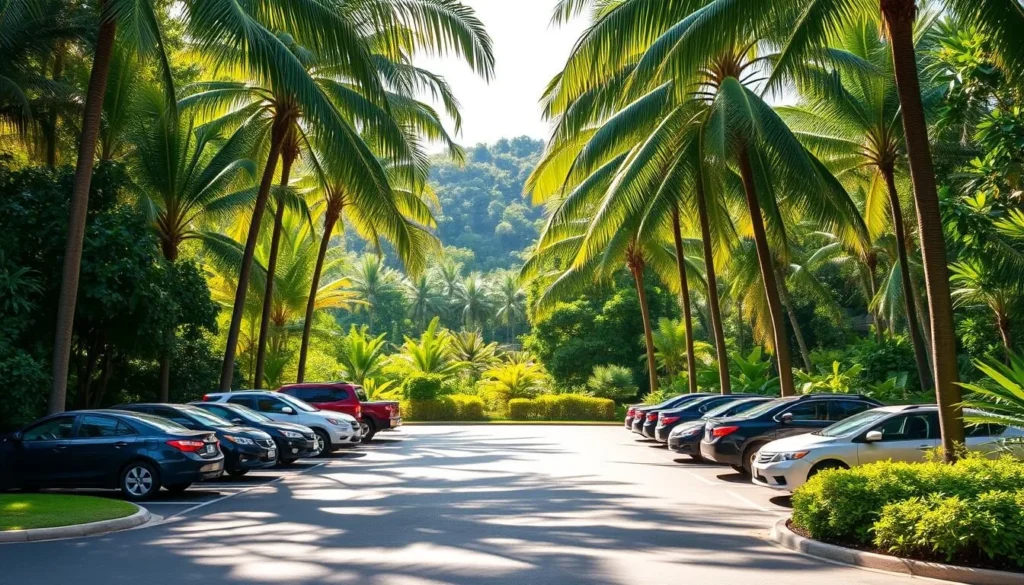 A tranquil parking lot nestled within the lush verdant expanse of Hoʻomaluhia Botanical Garden on the island of Oahu, Hawaii. Sunlight filters through the canopy of towering palms, casting a warm glow on the neatly arranged rows of cars. The pavement is clean and well-maintained, with clear markings guiding visitors to their destinations. In the distance, the vibrant foliage of the garden's diverse plant life creates a serene, natural backdrop, inviting exploration beyond the parking area. The scene conveys a sense of calm and order, setting the stage for a leisurely stroll through this beautiful 400-acre oasis.