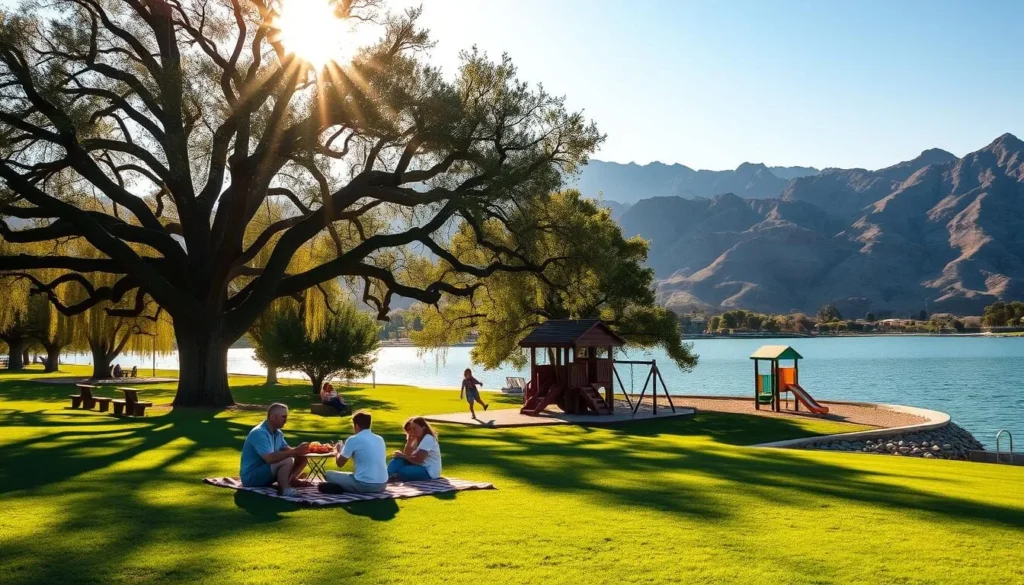 A tranquil picnic area by the shores of Lake Perris, California. The sun casts a warm glow over the scene, illuminating the lush green grass and the sparkling waters of the lake. In the foreground, a family gathers around a checkered picnic blanket, enjoying a delightful meal together. Children play on the nearby playground, their laughter echoing through the air. Towering oak trees provide ample shade, creating a peaceful and inviting atmosphere. In the background, the rugged mountains of the Perris Valley rise up, creating a stunning natural backdrop. The overall scene radiates a sense of relaxation and quality time spent with loved ones, perfectly capturing the essence of the "Relax with Picnicking and Family Activities" section.