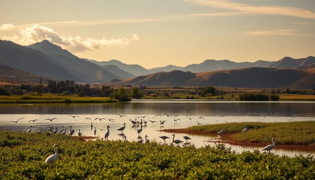 A tranquil reservoir nestled in the rolling hills of Santa Clara County, California. In the foreground, a vibrant array of wetland birds - egrets, herons, and waterfowl - gracefully glide across the calm, reflective surface. The middle ground features lush, verdant vegetation lining the shoreline, creating a natural sanctuary for diverse wildlife. In the background, the rugged, sun-dappled peaks of the coastal mountains provide a picturesque backdrop, conveying a sense of peaceful seclusion. Warm, golden light filters through wispy clouds, casting a serene glow over the entire scene. Capture this idyllic wildlife haven through the lens of a high-quality DSLR camera, showcasing the natural beauty and birdwatching opportunities of this remarkable reservoir.