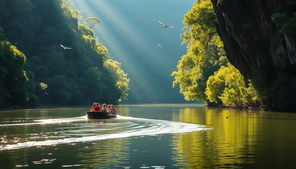 A tranquil river cruise along the Nahoon River, surrounded by lush, verdant foliage and towering cliffs. Sunlight gently filters through the canopy, casting a warm, golden glow across the calm waters. A small, wooden boat glides effortlessly, its passengers taking in the serene natural beauty that unfolds before them. In the distance, birds soar overhead, their gentle calls echoing through the peaceful setting. The scene exudes a sense of serenity and connection with the natural world, inviting visitors to immerse themselves in the captivating landscape of Buffalo City's "Nature Lovers' Paradise".