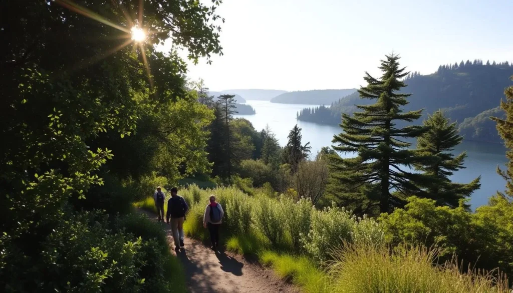 A tranquil scene along the hiking trails surrounding Lake Temescal in Oakland, California. Lush, verdant foliage lines the well-maintained paths, inviting visitors to explore the natural beauty. Warm sunlight filters through the canopy of trees, casting a soft, golden glow over the landscape. In the distance, the serene waters of the lake shimmer, reflecting the surrounding environment. Hikers stroll leisurely, taking in the picturesque views and the peaceful ambiance of this urban oasis. The scene conveys a sense of serenity and connection with nature, perfectly capturing the essence of the hiking trails around Lake Temescal.