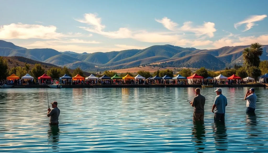 A tranquil scene at Lake Casitas, California, showcasing an annual fishing tournament. In the foreground, anglers cast their lines into the serene, azure waters, their silhouettes reflected on the glassy surface. Middle-ground features colorful tents and vendor booths lining the shore, creating a vibrant atmosphere. In the background, rolling hills and lush, verdant foliage frame the picturesque landscape, bathed in warm, golden sunlight filtering through wispy clouds. The overall mood is one of leisure, camaraderie, and appreciation for the natural beauty of this scenic freshwater lake.
