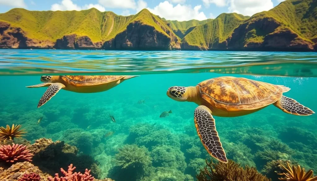 A tranquil scene at Laniakea Beach, Oahu, Hawaii, where a pair of majestic Hawaiian green sea turtles gracefully swim through the crystal-clear turquoise waters, their carapaces glistening in the warm, golden sunlight. The turtles are surrounded by vibrant coral reefs and schools of tropical fish darting between the underwater kelp forests. In the background, lush, verdant cliffs rise up from the shoreline, creating a picturesque, natural backdrop. The overall atmosphere is serene and peaceful, inviting the viewer to imagine the calming sounds of the gentle waves lapping against the sandy beach.