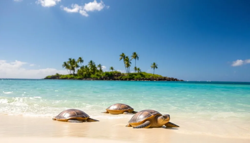 A tranquil scene at Laniakea Beach, Oahu, Hawaii. The clear turquoise waters of the Pacific Ocean gently lap against the pristine white sand, providing a serene backdrop for a group of graceful green sea turtles, their shells shimmering in the warm, golden sunlight. The turtles bask on the shore, their heads peeking out as they lazily enjoy the idyllic tropical setting. In the distance, lush palm trees sway in the gentle breeze, adding to the picturesque island atmosphere. The overall mood is one of peaceful coexistence, where nature and tranquility reign supreme.