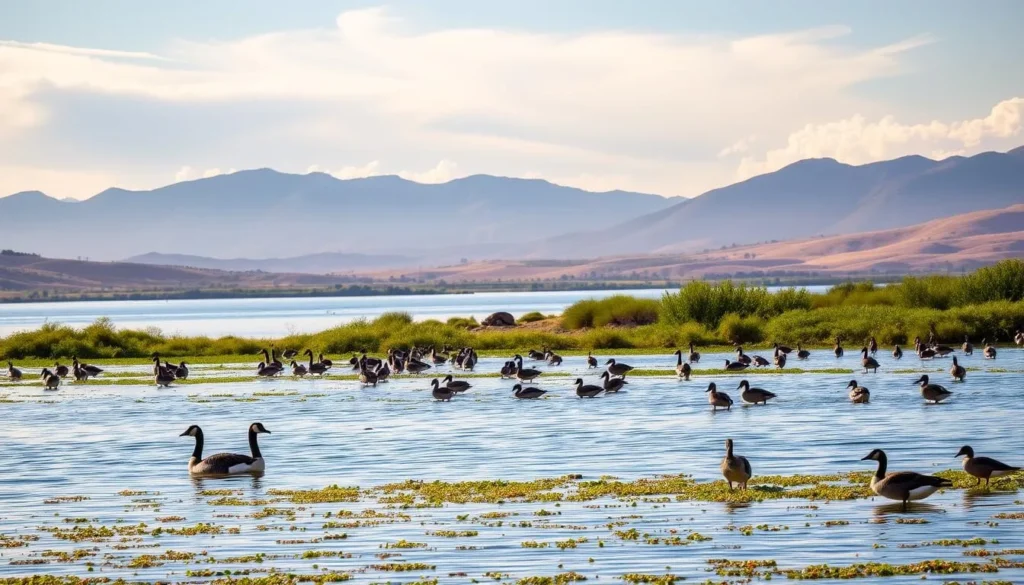 A tranquil scene at San Luis Reservoir, California, showcasing the abundant wildlife. In the foreground, a pair of Canada geese gracefully glide across the calm, reflective waters. In the middle ground, various species of waterfowl, such as mallards and coots, forage along the shoreline amidst lush, verdant vegetation. In the background, rolling hills and distant mountains create a picturesque landscape, bathed in warm, golden sunlight filtering through wispy, cloud-dotted skies. The overall atmosphere exudes a serene, naturalistic ambiance, inviting the viewer to experience the diverse and thriving ecosystem of this beautiful reservoir.