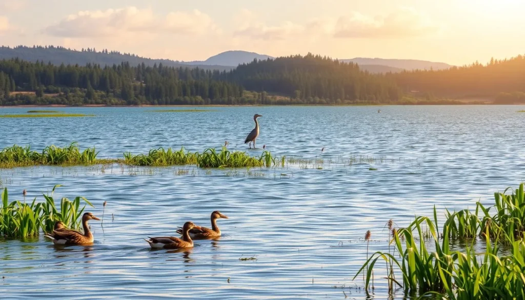 A tranquil scene at Silverwood Lake, California, showcasing its abundant wildlife. In the foreground, a family of ducks gracefully glides across the calm, crystalline waters, surrounded by lush, verdant reeds. In the middle ground, a great blue heron stands majestically, scanning the shoreline for its next meal. Beyond, the rolling hills and dense evergreen forests create a picturesque backdrop, bathed in warm, golden sunlight filtering through wispy clouds. The overall atmosphere exudes a sense of serene harmony, inviting the viewer to immerse themselves in the natural beauty of this scenic lake.