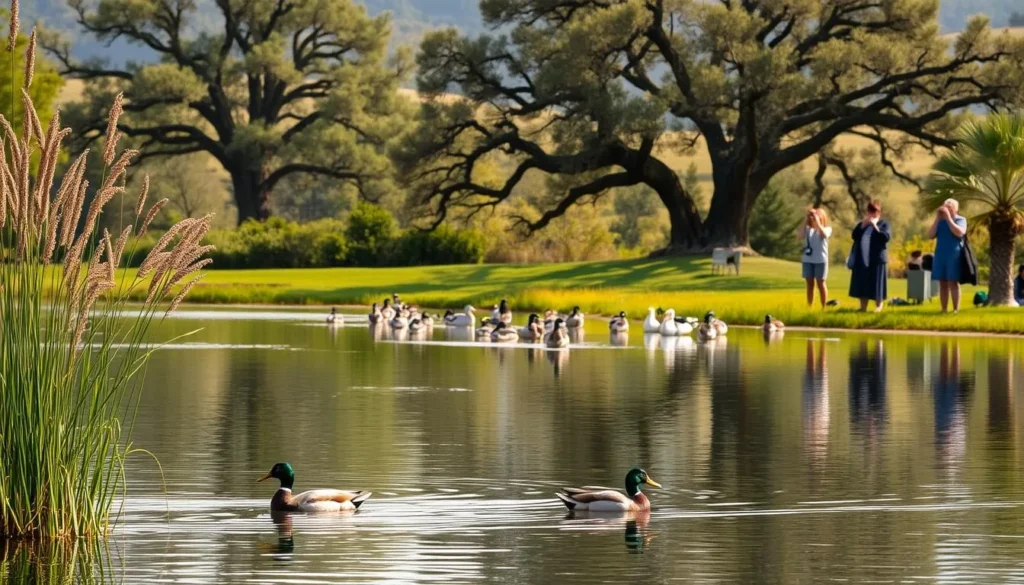A tranquil scene at Vasona Lake County Park, where wildlife observation takes center stage. In the foreground, a pair of mallard ducks glide effortlessly across the still, reflective waters. Tall, swaying reeds provide a natural backdrop, casting gentle shadows. In the middle ground, visitors quietly observe the diverse avian life, binoculars in hand, capturing the serene moments. The background showcases the lush, verdant landscape, with towering oak trees and rolling hills creating a picturesque setting. Warm, diffused sunlight filters through the canopy, lending a soft, golden glow to the entire scene. This idyllic landscape invites exploration and a deeper connection with the natural world.