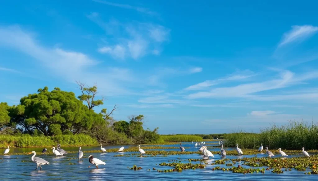 A tranquil scene at the Anhinga Trail in Everglades National Park, Florida. The foreground showcases a variety of wading birds, including anhingas, herons, and egrets, gracefully navigating the shallow waters. The middle ground features lush, verdant mangrove trees and vibrant aquatic vegetation. In the background, a clear blue sky with wispy clouds creates a serene atmosphere. The lighting is soft and natural, creating subtle shadows and highlights that accentuate the textures and colors of the wildlife. The composition emphasizes the harmony between the animals and their wetland habitat, inviting the viewer to immerse themselves in the captivating beauty of this ecological gem.