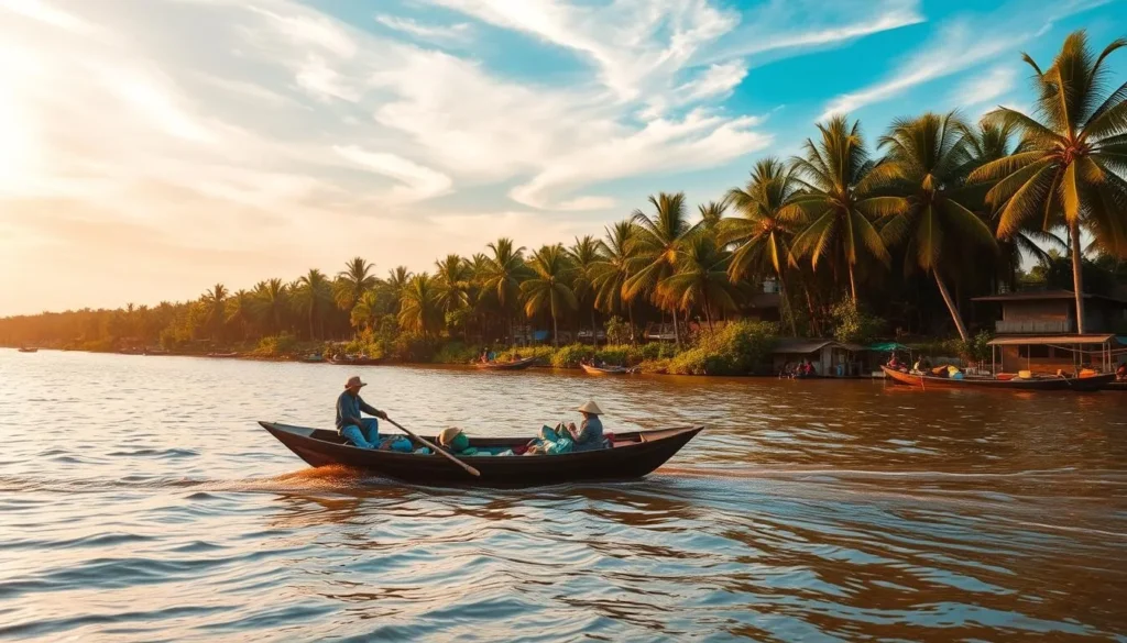 A tranquil scene in Can Tho, Vietnam during the dry season. The Mekong River flows gently, its glimmering surface reflecting the vibrant azure sky dotted with wispy clouds. Along the riverbanks, lush palm trees sway in the warm breeze, creating a serene and picturesque landscape. In the foreground, a traditional wooden boat carrying local vendors and their wares drifts peacefully, adding to the timeless charm of the setting. The warm, diffused lighting creates a golden glow, highlighting the vibrant colors and textures of the environment. The overall mood is one of calm, tranquility, and the essence of an idyllic Vietnamese river town.