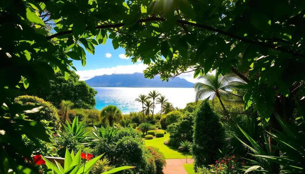 A tranquil scene in Limahuli Garden, Kauai, Hawaii on a sun-dappled afternoon. The lush, verdant foliage of the tropical forest frames a view of the sparkling blue waters of the Pacific Ocean. Sunlight filters through the canopy, casting a warm, golden glow over the well-maintained pathways winding through the garden. In the distance, majestic mountain peaks rise up, their rugged slopes cloaked in wispy clouds. The air is pleasantly humid, with a gentle breeze rustling the leaves. Vibrant flowers in a rainbow of colors dot the landscape, adding pops of vivid hues. The overall scene radiates a sense of tranquility and natural beauty, perfectly capturing the weather considerations visitors to Limahuli Garden can expect.