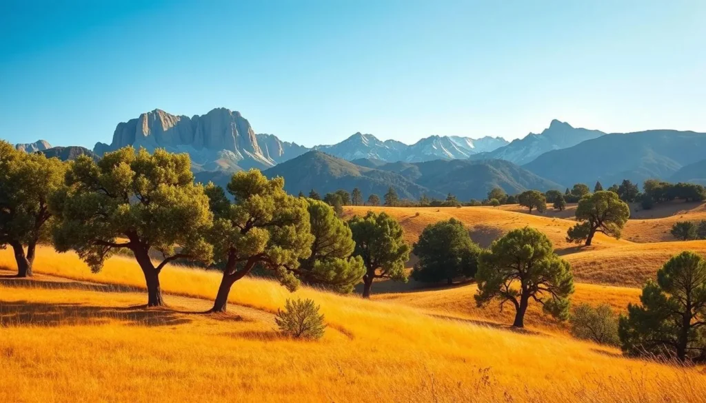 A tranquil scene in the Sierra Foothills of California, showcasing the region's characteristic climate. Rolling golden hills dotted with verdant oak trees bask in warm, golden sunlight. In the distance, rugged granite peaks rise majestically, their snow-capped summits glistening. A gentle breeze rustles the lush foliage, creating a serene, picturesque atmosphere. The scene is captured with a wide-angle lens, conveying a sense of expansive, breathtaking vistas. Soft, diffused lighting enhances the natural beauty of the landscape, creating a sense of calm and tranquility. This idyllic setting embodies the temperate, Mediterranean-influenced climate of the Sierra Foothills, perfect for a weather-savvy trip.